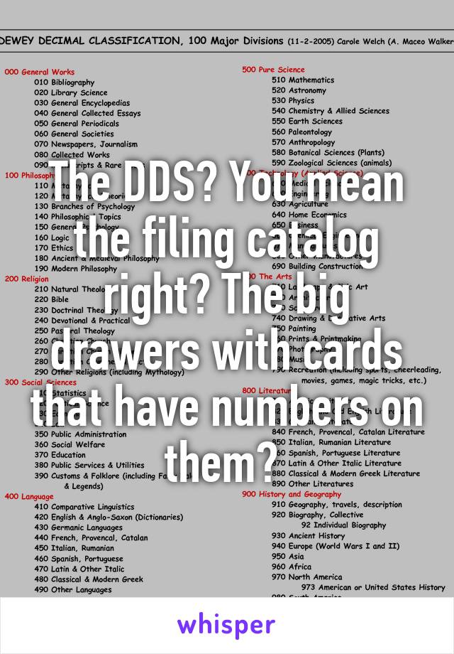 The DDS? You mean the filing catalog right? The big drawers with cards that have numbers on them? 