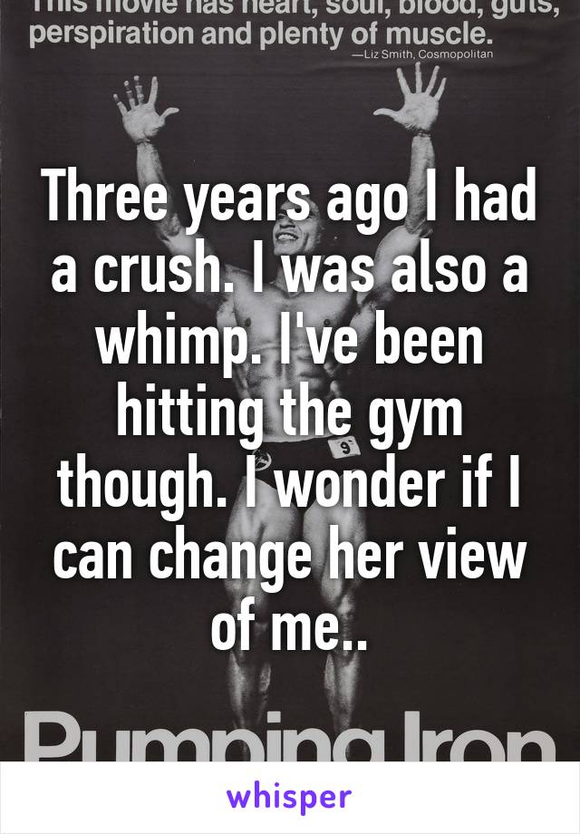 Three years ago I had a crush. I was also a whimp. I've been hitting the gym though. I wonder if I can change her view of me..