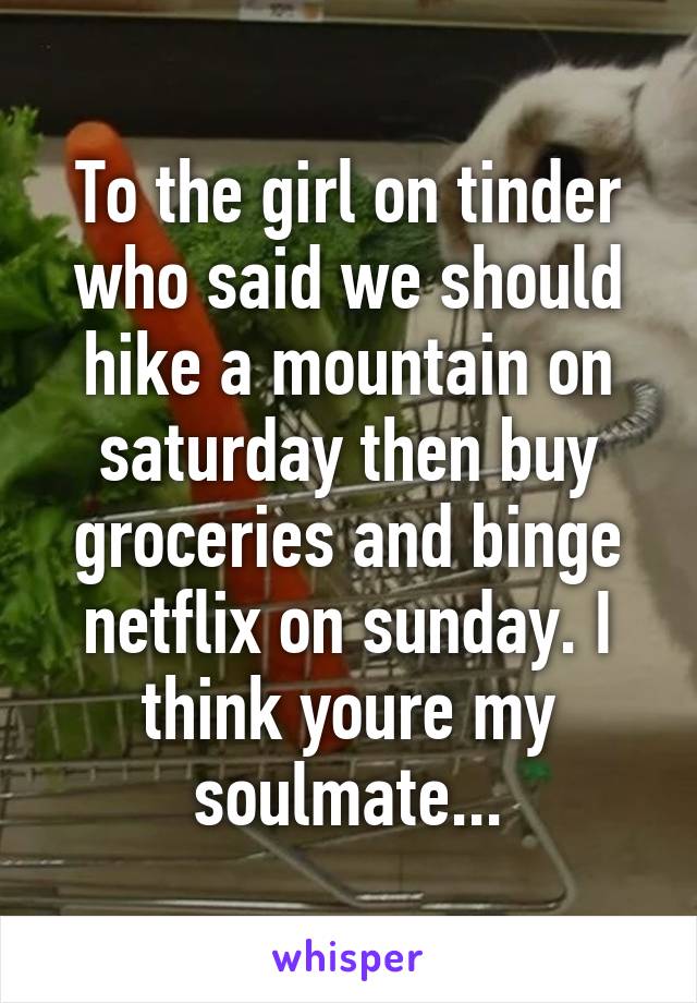 To the girl on tinder who said we should hike a mountain on saturday then buy groceries and binge netflix on sunday. I think youre my soulmate...