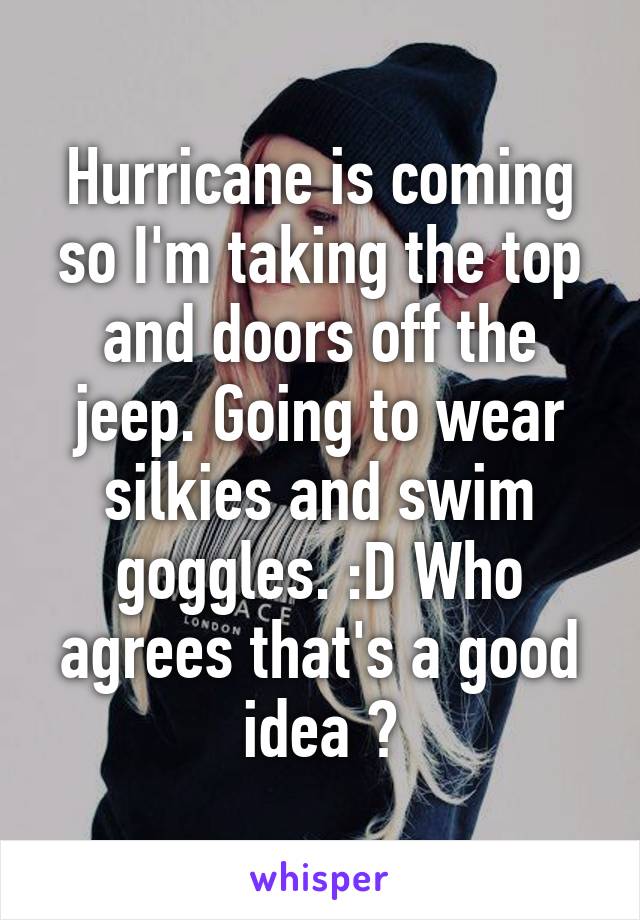 Hurricane is coming so I'm taking the top and doors off the jeep. Going to wear silkies and swim goggles. :D Who agrees that's a good idea ?