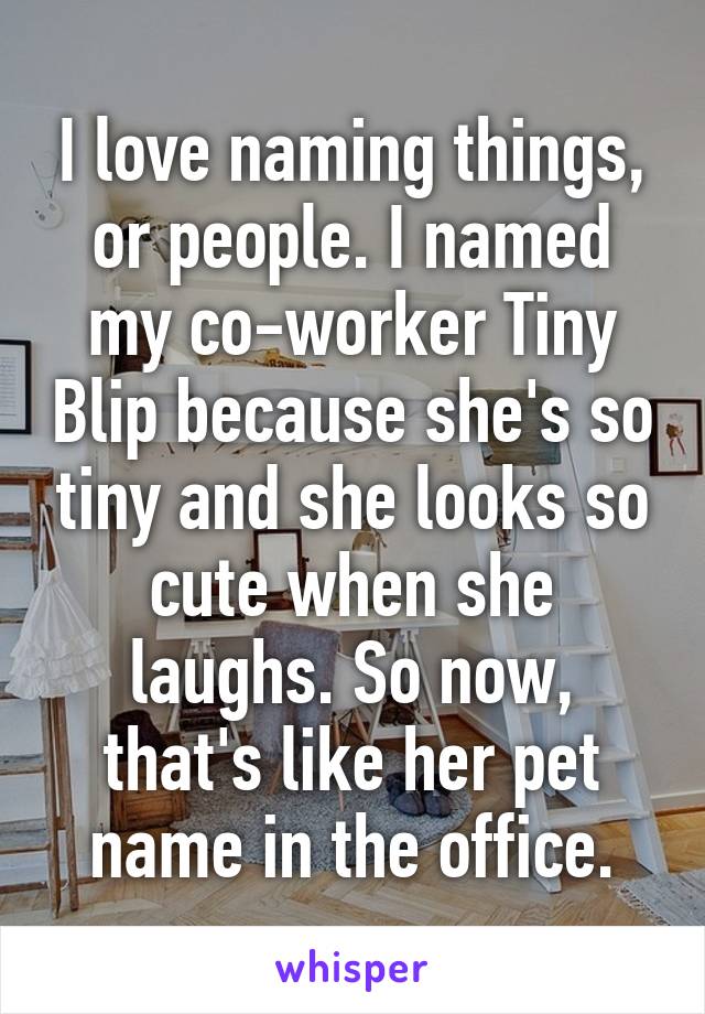 I love naming things, or people. I named my co-worker Tiny Blip because she's so tiny and she looks so cute when she laughs. So now, that's like her pet name in the office.