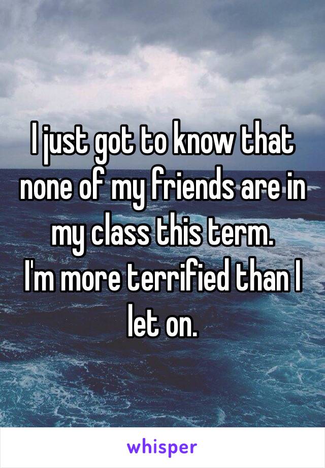 I just got to know that none of my friends are in my class this term. 
I'm more terrified than I let on.