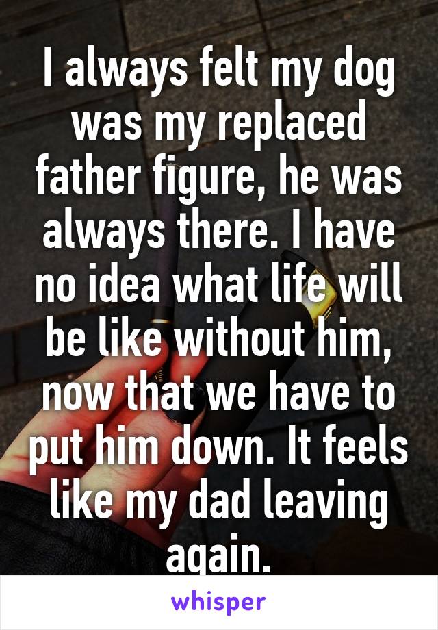 I always felt my dog was my replaced father figure, he was always there. I have no idea what life will be like without him, now that we have to put him down. It feels like my dad leaving again.