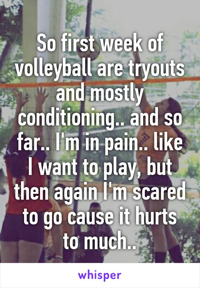 So first week of volleyball are tryouts and mostly conditioning.. and so far.. I'm in pain.. like I want to play, but then again I'm scared to go cause it hurts to much..