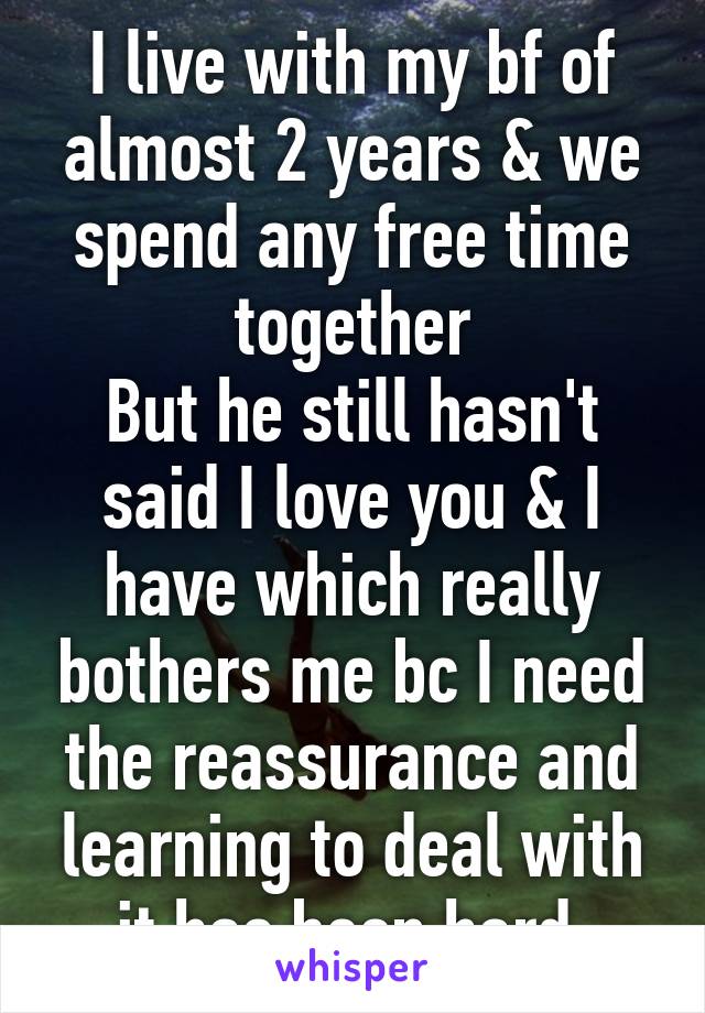 I live with my bf of almost 2 years & we spend any free time together
But he still hasn't said I love you & I have which really bothers me bc I need the reassurance and learning to deal with it has been hard 