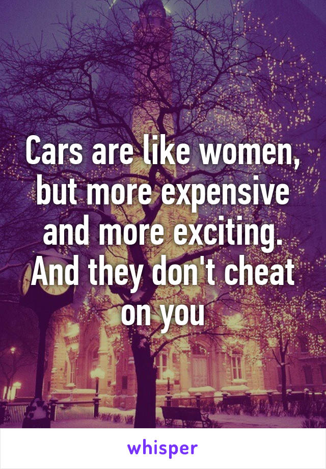 Cars are like women, but more expensive and more exciting. And they don't cheat on you