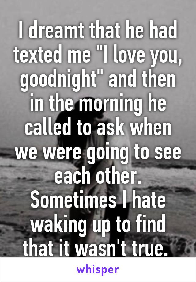 I dreamt that he had texted me "I love you, goodnight" and then in the morning he called to ask when we were going to see each other. Sometimes I hate waking up to find that it wasn't true. 