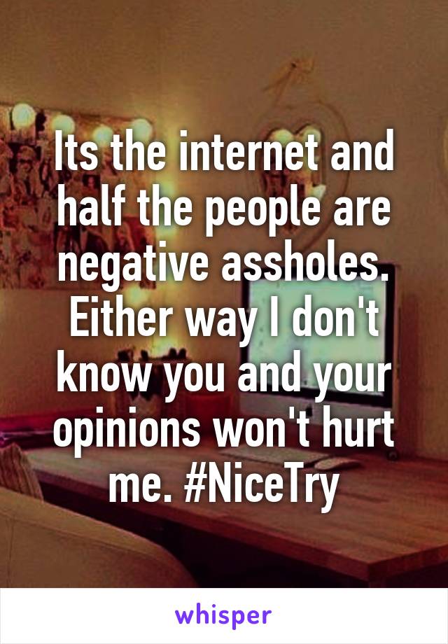 Its the internet and half the people are negative assholes. Either way I don't know you and your opinions won't hurt me. #NiceTry