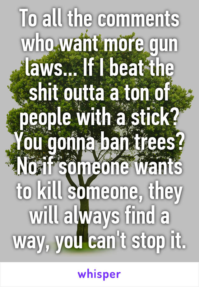 To all the comments who want more gun laws... If I beat the shit outta a ton of people with a stick? You gonna ban trees? No if someone wants to kill someone, they will always find a way, you can't stop it. 