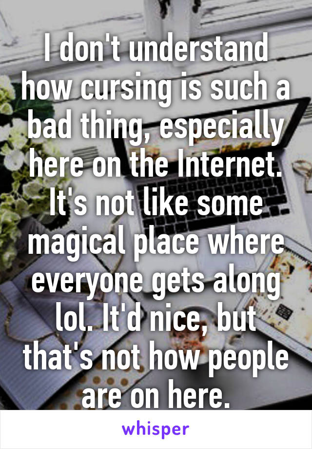 I don't understand how cursing is such a bad thing, especially here on the Internet. It's not like some magical place where everyone gets along lol. It'd nice, but that's not how people are on here.