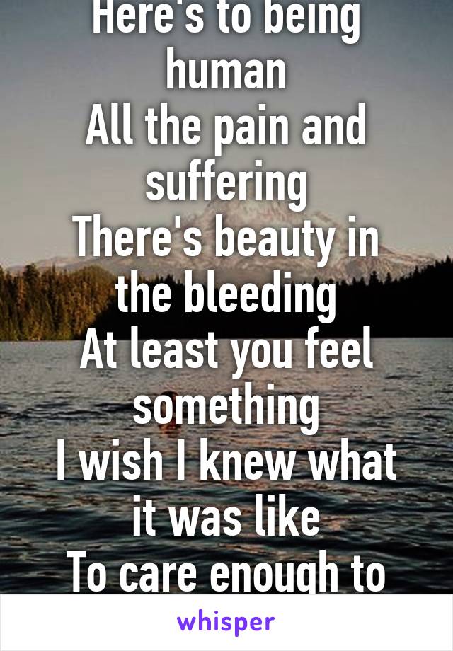 Here's to being human
All the pain and suffering
There's beauty in the bleeding
At least you feel something
I wish I knew what it was like
To care enough to carry on