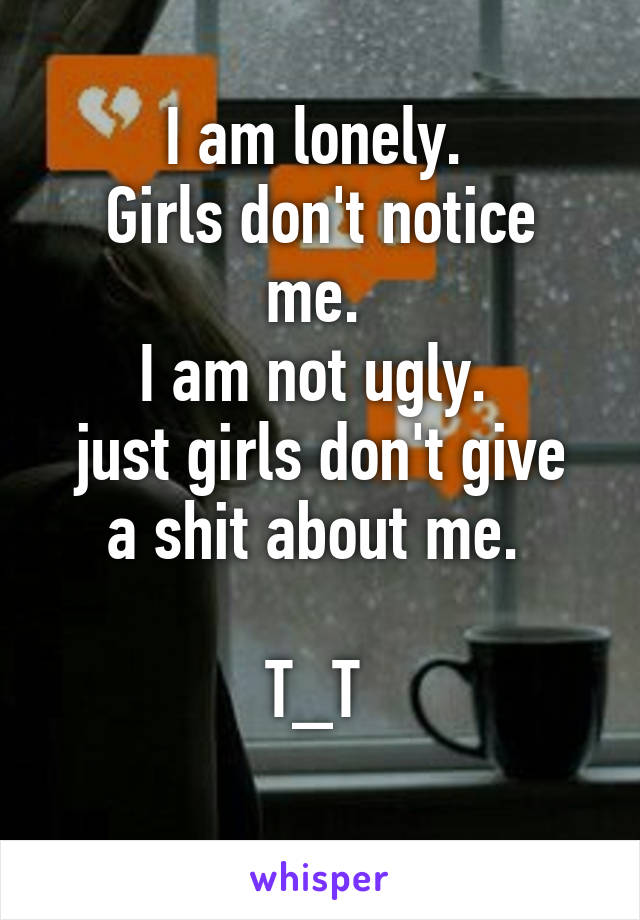 I am lonely. 
Girls don't notice me. 
I am not ugly. 
just girls don't give a shit about me. 

T_T 
