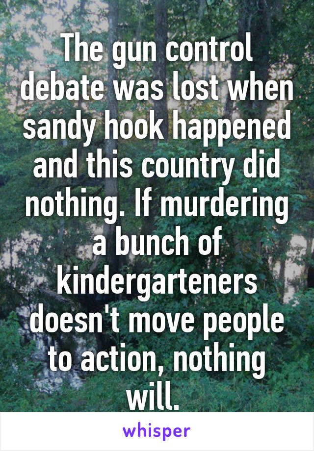 The gun control debate was lost when sandy hook happened and this country did nothing. If murdering a bunch of kindergarteners doesn't move people to action, nothing will. 