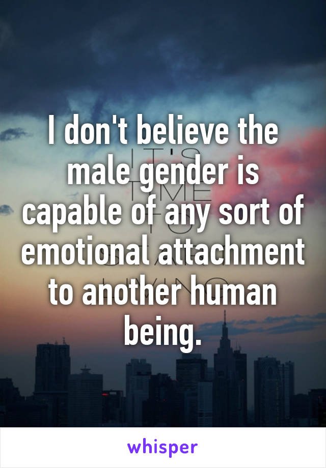 I don't believe the male gender is capable of any sort of emotional attachment to another human being.