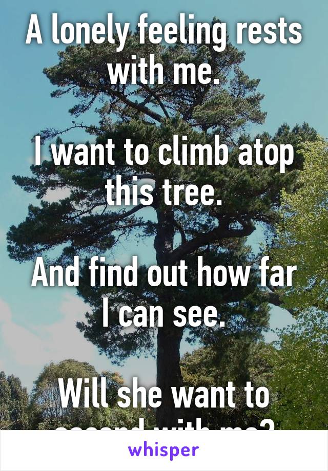 A lonely feeling rests with me.

I want to climb atop this tree.

And find out how far I can see.

Will she want to ascend with me?