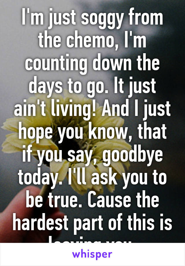 I'm just soggy from the chemo, I'm counting down the days to go. It just ain't living! And I just hope you know, that if you say, goodbye today. I'll ask you to be true. Cause the hardest part of this is leaving you 