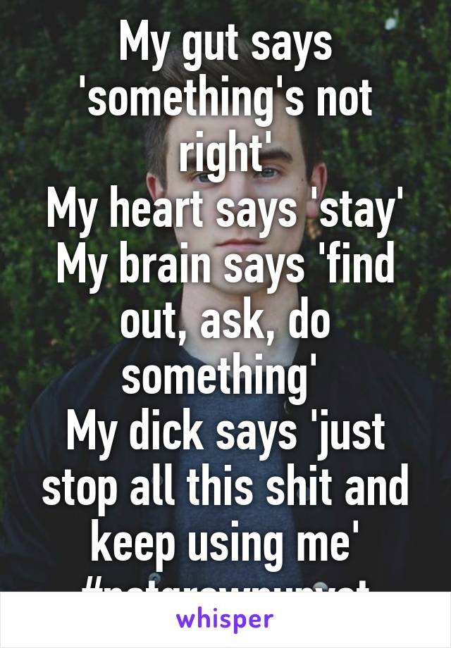 My gut says 'something's not right'
My heart says 'stay'
My brain says 'find out, ask, do something' 
My dick says 'just stop all this shit and keep using me'
#notgrownupyet