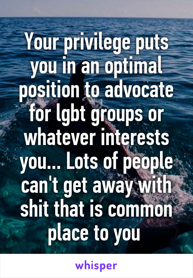 Your privilege puts you in an optimal position to advocate for lgbt groups or whatever interests you... Lots of people can't get away with shit that is common place to you 