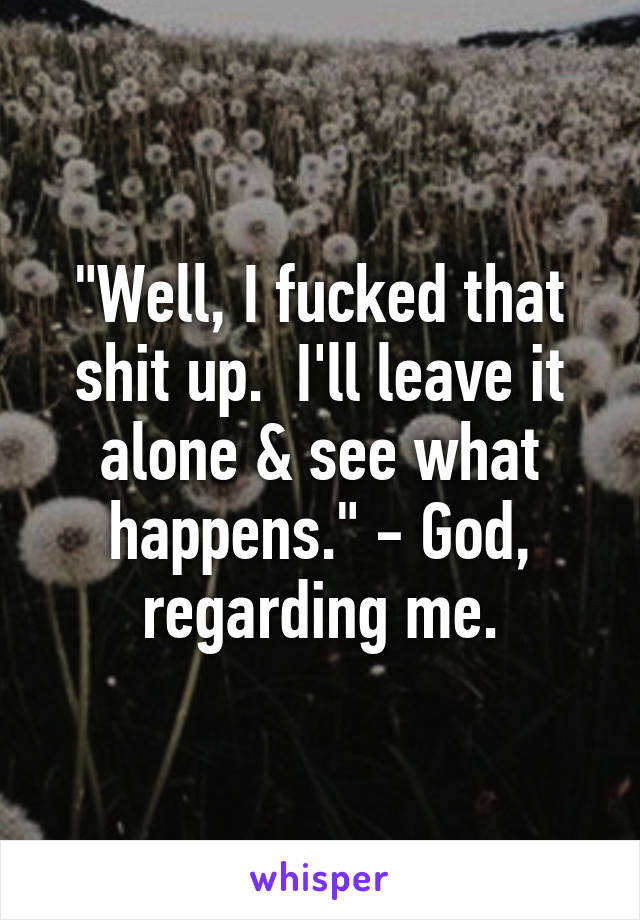 "Well, I fucked that shit up.  I'll leave it alone & see what happens." - God, regarding me.