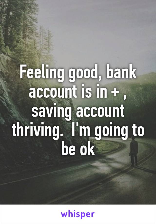 Feeling good, bank account is in + , saving account thriving.  I'm going to be ok