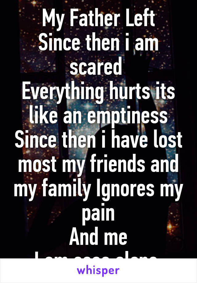 My Father Left
Since then i am scared 
Everything hurts its like an emptiness Since then i have lost most my friends and my family Ignores my pain
And me
I am sooo alone.