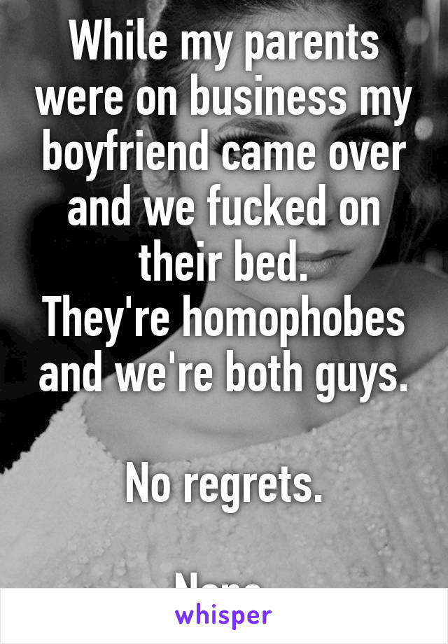 While my parents were on business my boyfriend came over and we fucked on their bed.
They're homophobes and we're both guys.

No regrets.

None.