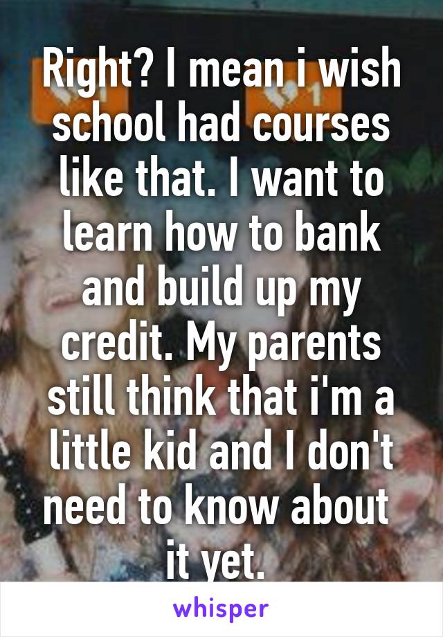 Right? I mean i wish school had courses like that. I want to learn how to bank and build up my credit. My parents still think that i'm a little kid and I don't need to know about  it yet. 