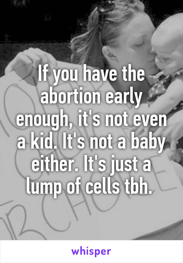 If you have the abortion early enough, it's not even a kid. It's not a baby either. It's just a lump of cells tbh. 