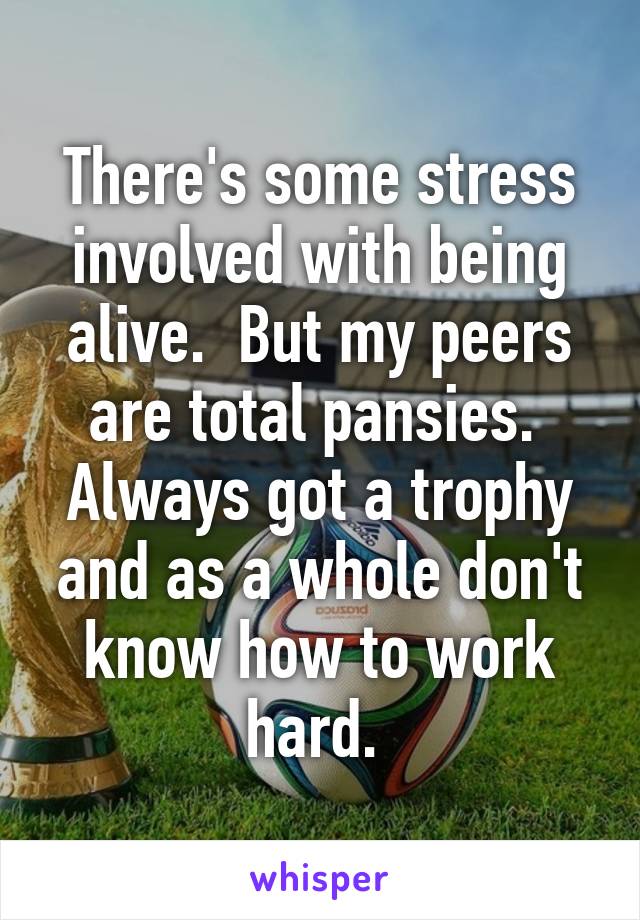 There's some stress involved with being alive.  But my peers are total pansies.  Always got a trophy and as a whole don't know how to work hard. 