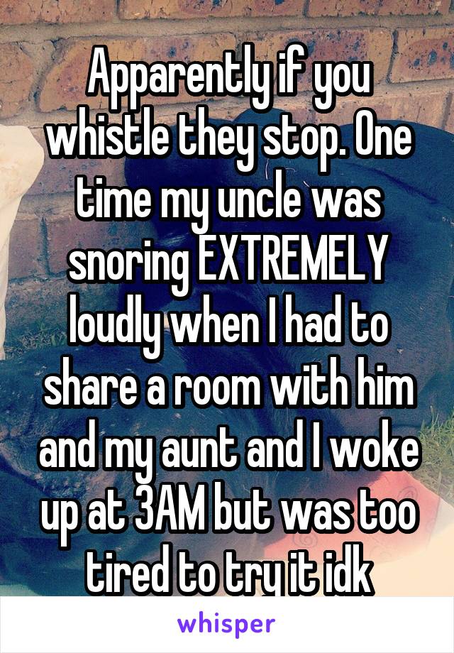 Apparently if you whistle they stop. One time my uncle was snoring EXTREMELY loudly when I had to share a room with him and my aunt and I woke up at 3AM but was too tired to try it idk