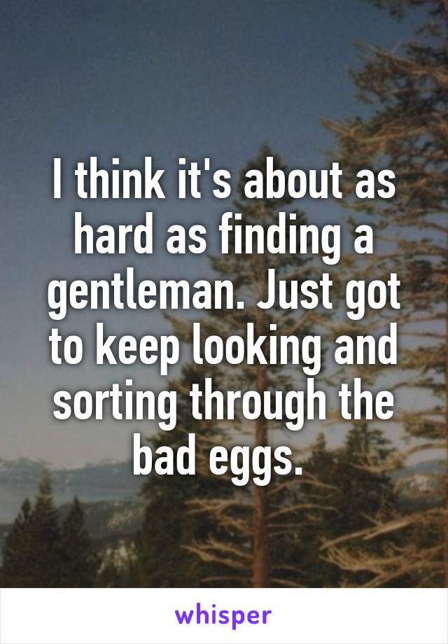 I think it's about as hard as finding a gentleman. Just got to keep looking and sorting through the bad eggs. 