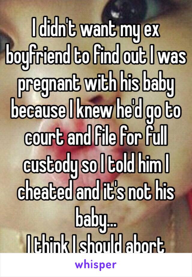 I didn't want my ex boyfriend to find out I was pregnant with his baby because I knew he'd go to court and file for full custody so I told him I cheated and it's not his baby...
I think I should abort