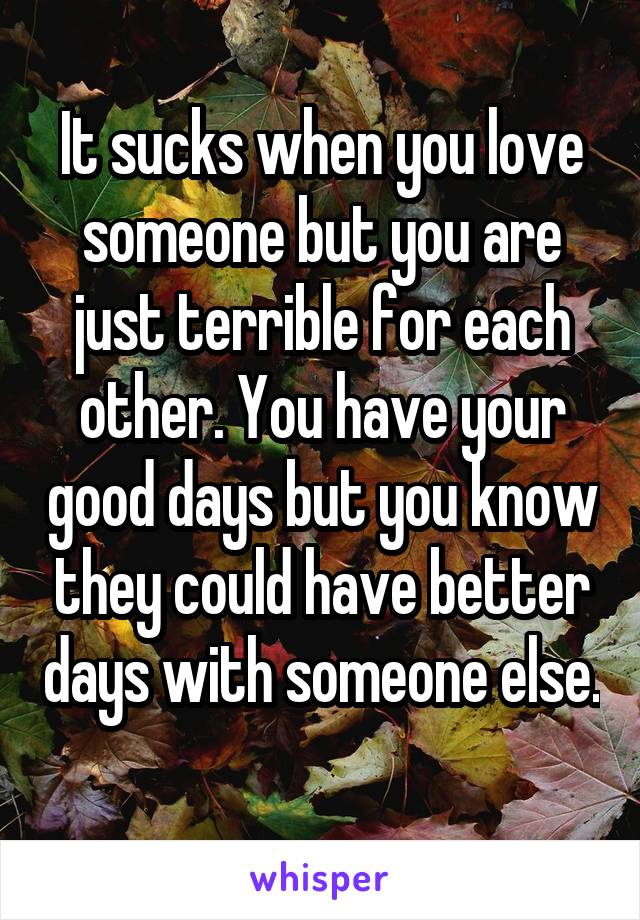 It sucks when you love someone but you are just terrible for each other. You have your good days but you know they could have better days with someone else. 