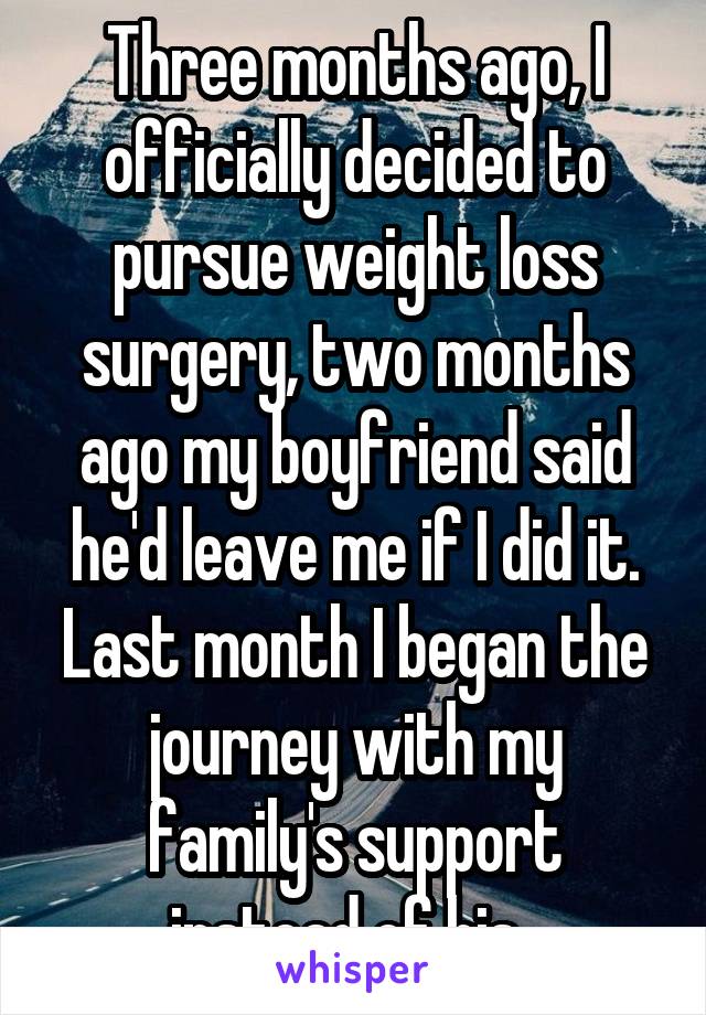 Three months ago, I officially decided to pursue weight loss surgery, two months ago my boyfriend said he'd leave me if I did it. Last month I began the journey with my family's support instead of his. 