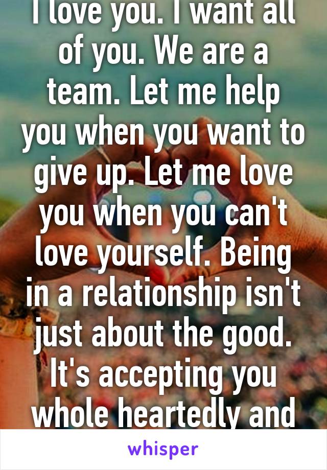 I love you. I want all of you. We are a team. Let me help you when you want to give up. Let me love you when you can't love yourself. Being in a relationship isn't just about the good. It's accepting you whole heartedly and still loving you 