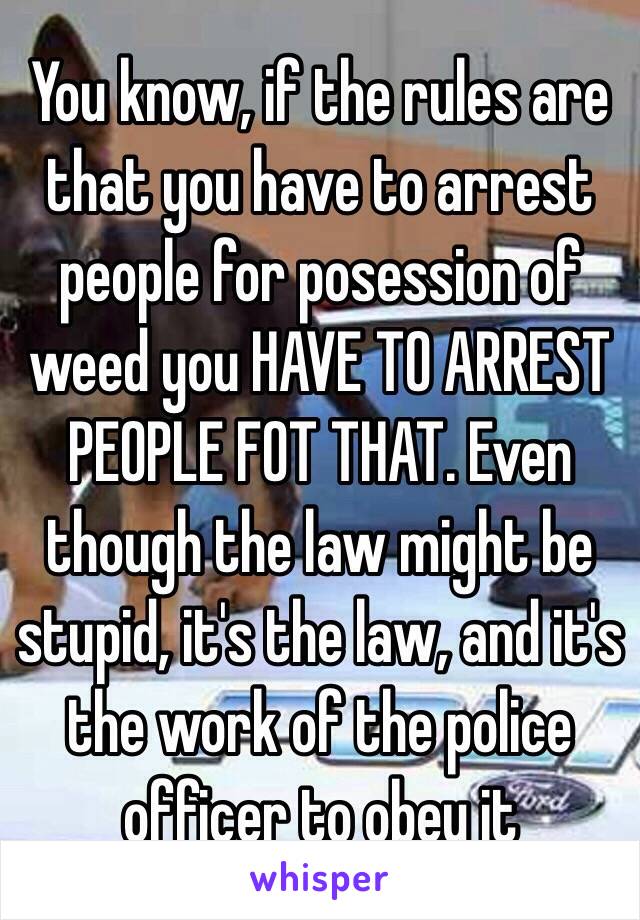 You know, if the rules are that you have to arrest people for posession of weed you HAVE TO ARREST PEOPLE FOT THAT. Even though the law might be stupid, it's the law, and it's the work of the police officer to obey it