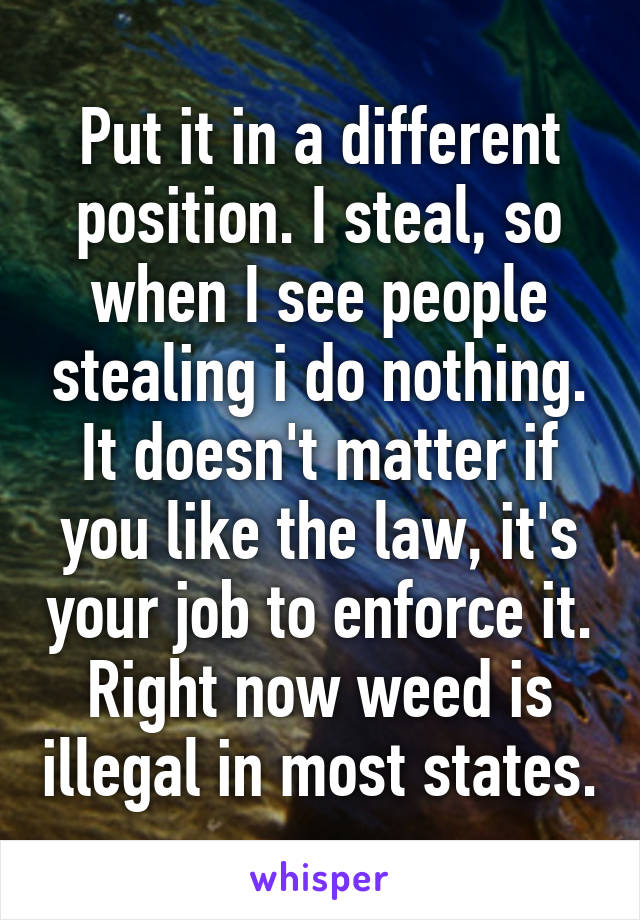 Put it in a different position. I steal, so when I see people stealing i do nothing. It doesn't matter if you like the law, it's your job to enforce it. Right now weed is illegal in most states.