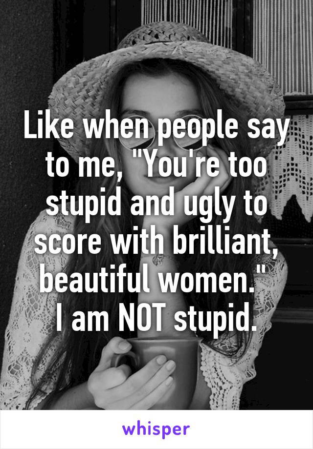 Like when people say to me, "You're too stupid and ugly to score with brilliant, beautiful women." 
I am NOT stupid.