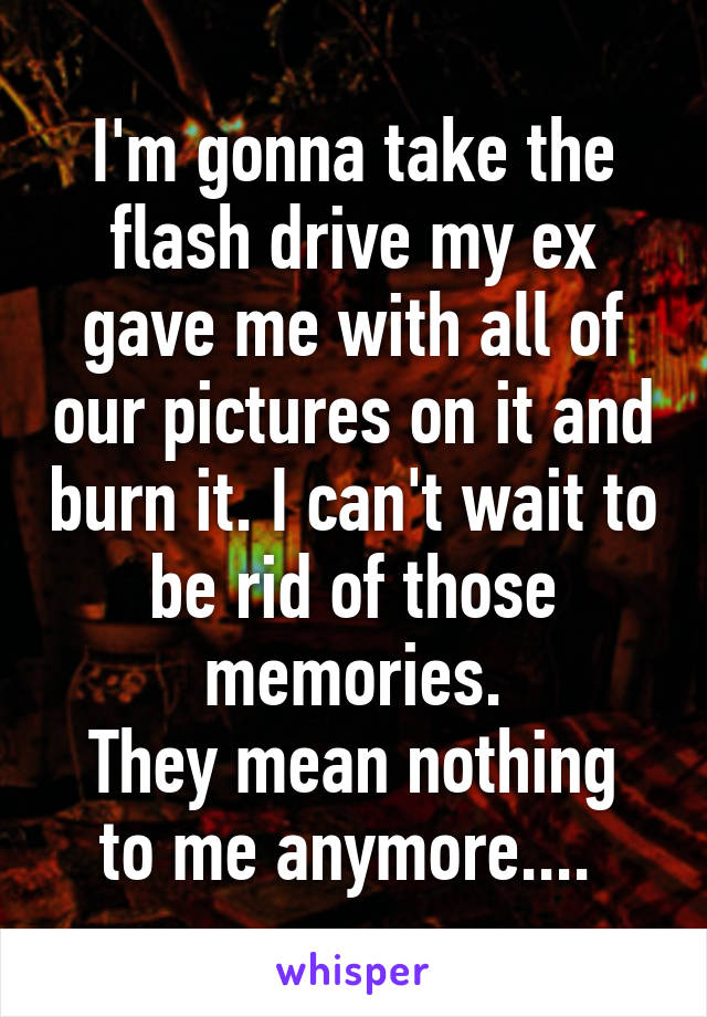 I'm gonna take the flash drive my ex gave me with all of our pictures on it and burn it. I can't wait to be rid of those memories.
They mean nothing to me anymore.... 