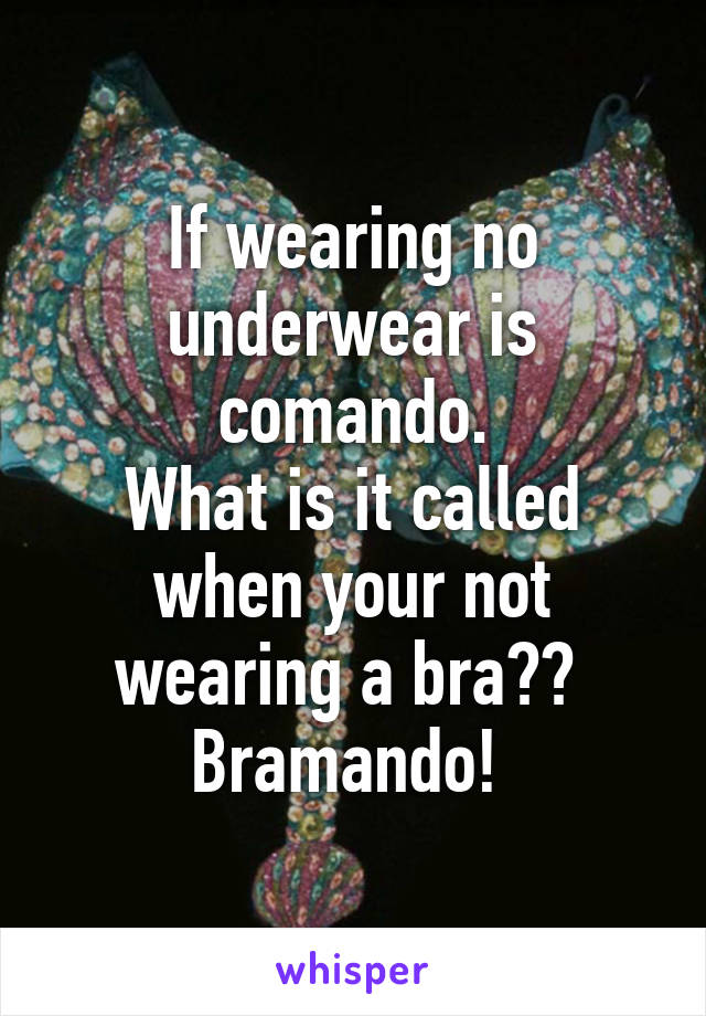 If wearing no underwear is comando.
What is it called when your not wearing a bra?? 
Bramando! 
