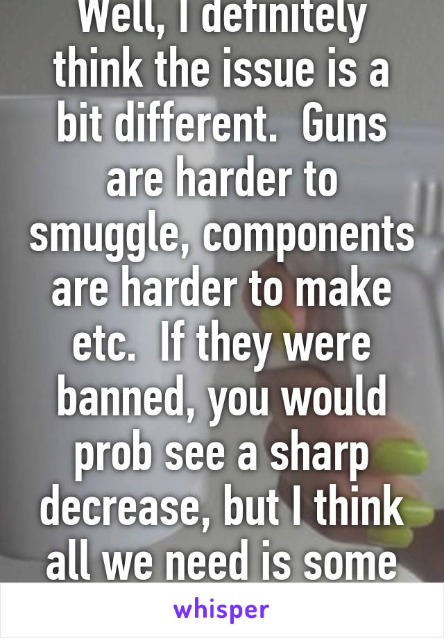 Well, I definitely think the issue is a bit different.  Guns are harder to smuggle, components are harder to make etc.  If they were banned, you would prob see a sharp decrease, but I think all we need is some simple gun control.