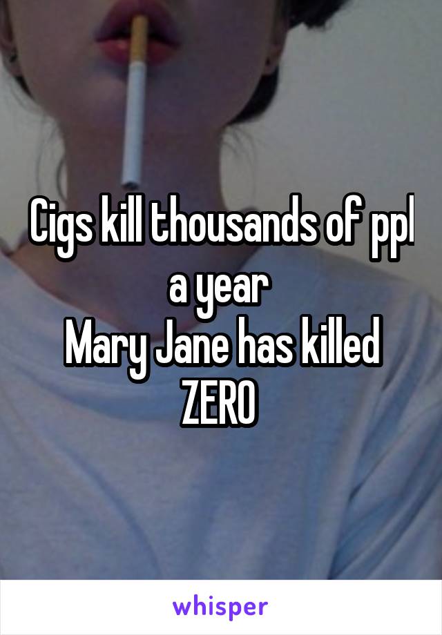 Cigs kill thousands of ppl a year 
Mary Jane has killed ZERO 