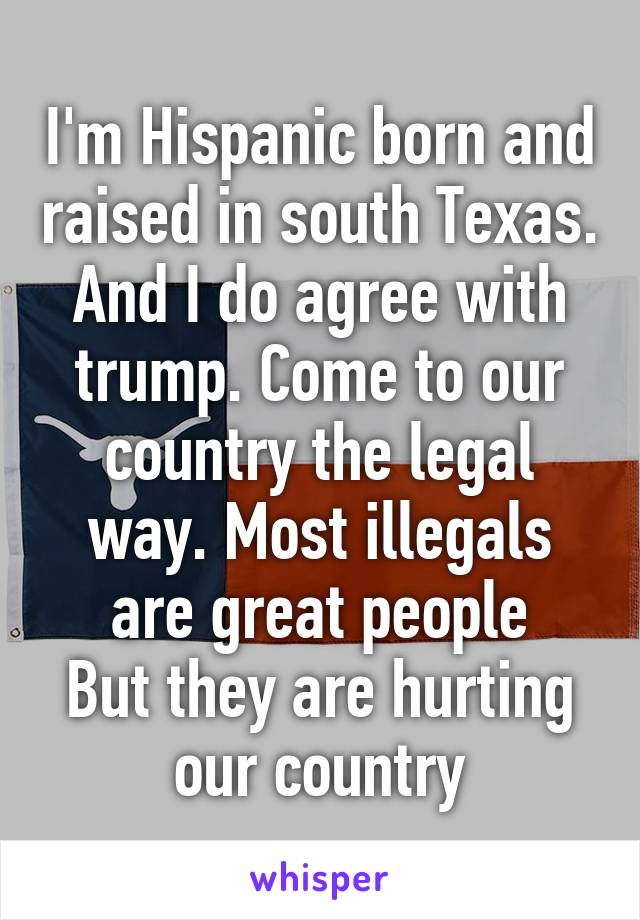 I'm Hispanic born and raised in south Texas. And I do agree with trump. Come to our country the legal way. Most illegals are great people
But they are hurting our country