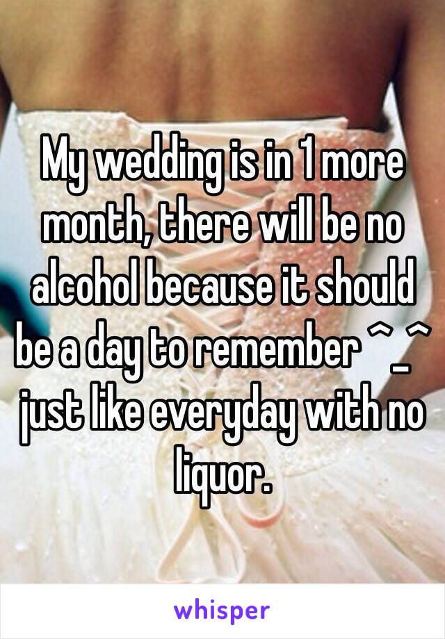 My wedding is in 1 more month, there will be no alcohol because it should be a day to remember ^_^ just like everyday with no liquor. 