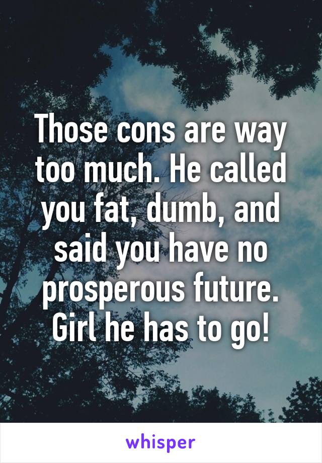 Those cons are way too much. He called you fat, dumb, and said you have no prosperous future. Girl he has to go!