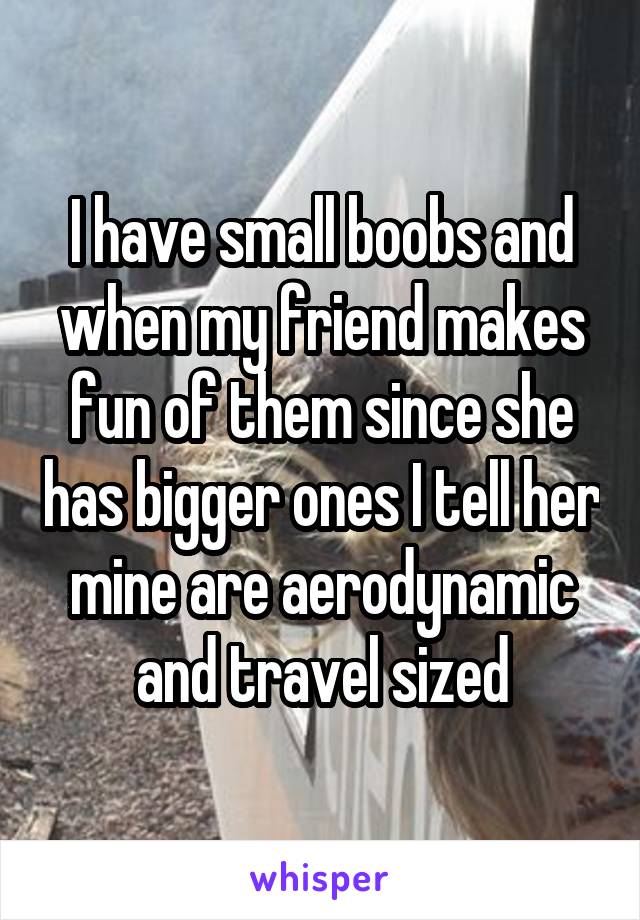 I have small boobs and when my friend makes fun of them since she has bigger ones I tell her mine are aerodynamic and travel sized