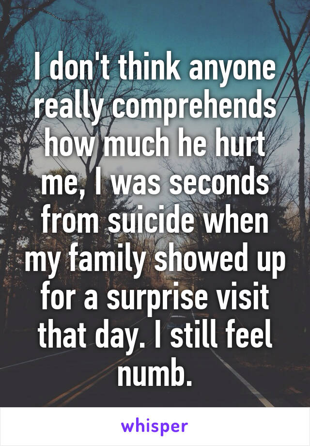 I don't think anyone really comprehends how much he hurt me, I was seconds from suicide when my family showed up for a surprise visit that day. I still feel numb.