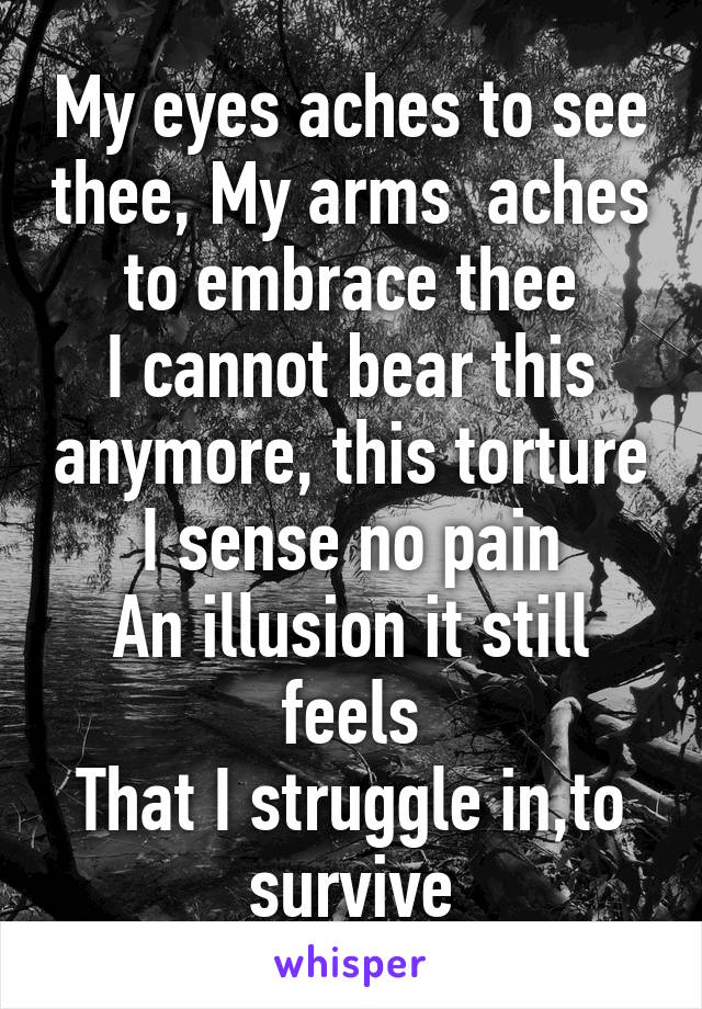 My eyes aches to see thee, My arms  aches to embrace thee
I cannot bear this anymore, this torture
I sense no pain
An illusion it still feels
That I struggle in,to survive