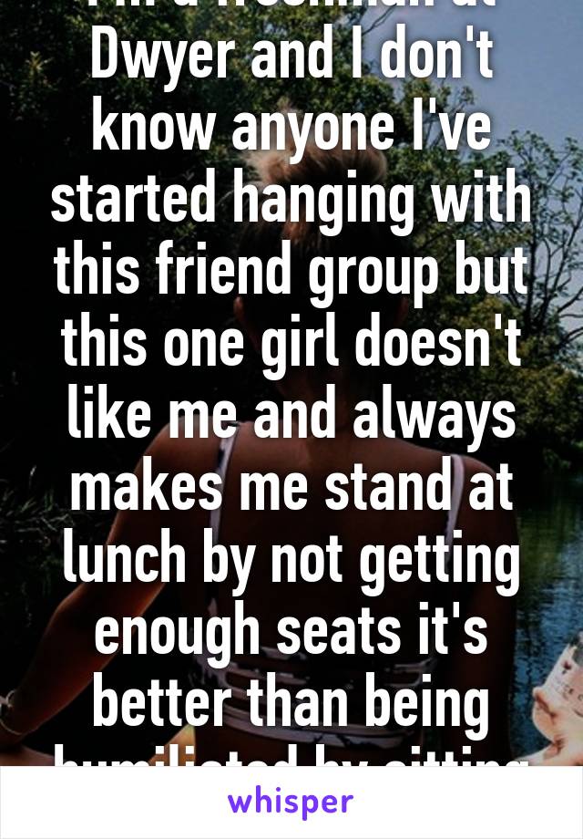 I'm a freshman at Dwyer and I don't know anyone I've started hanging with this friend group but this one girl doesn't like me and always makes me stand at lunch by not getting enough seats it's better than being humiliated by sitting alone