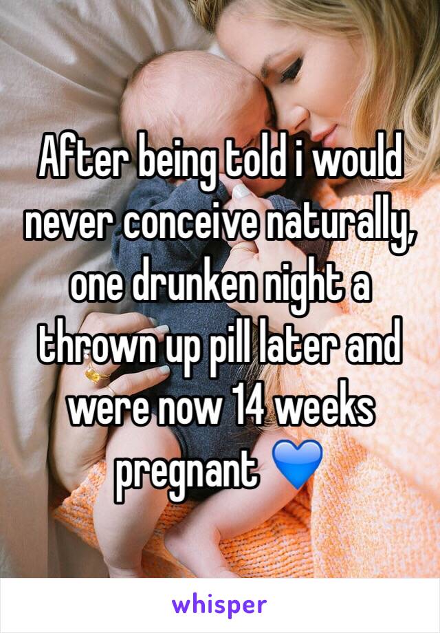 After being told i would never conceive naturally, one drunken night a thrown up pill later and were now 14 weeks pregnant 💙